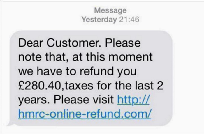 A phishing text message offering a fake tax refund with a fraudulent HMRC link