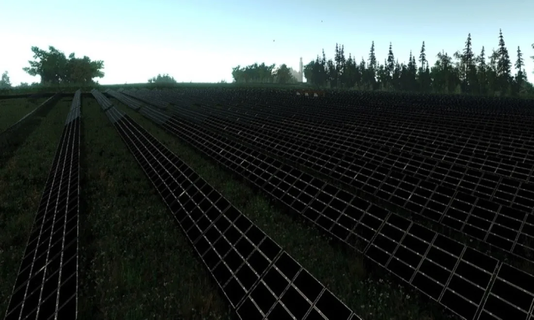 Rows of solar panels in a field at a power plant in Steindorf, Germany.
