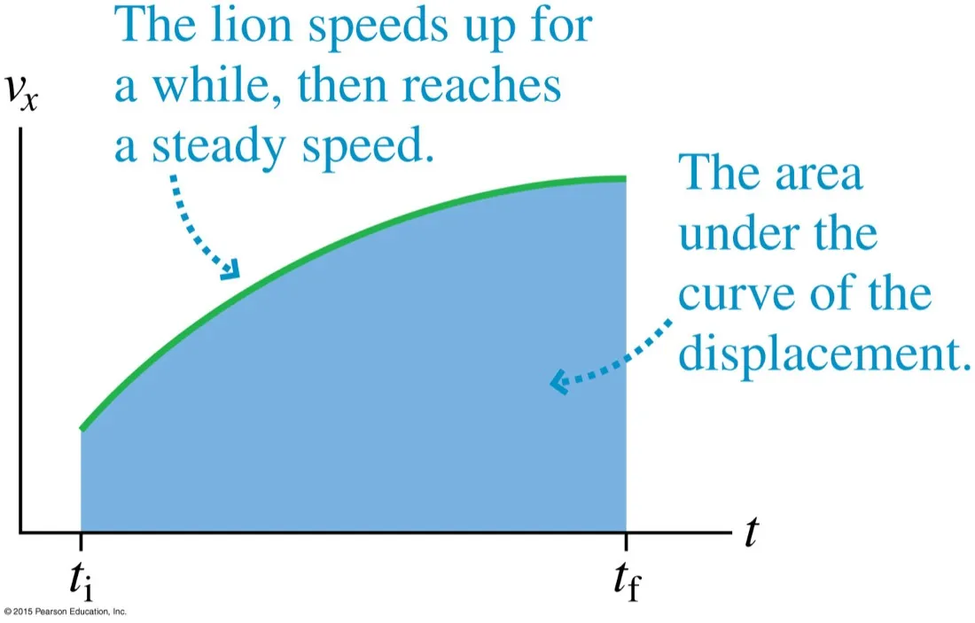 A velocity-time graph for a lion, rising steeply then levelling to a steady speed, with the whole area beneath it shaded and labelled as the displacement
