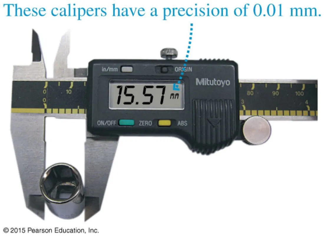 Digital vernier calipers measuring a socket, reading 15.57 millimetres, annotated as having a precision of 0.01 millimetres
