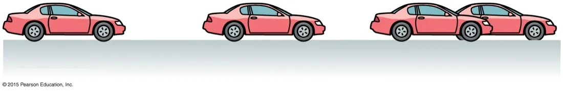 Three drawn frames of a red car approaching and then colliding, the frames bunching together