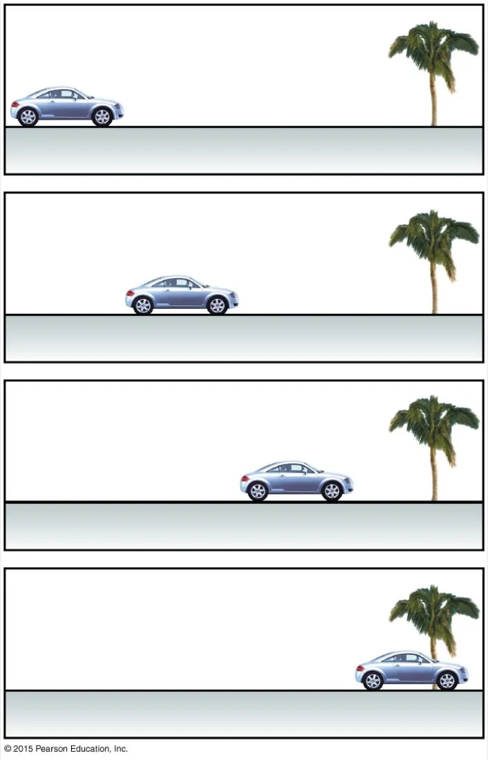 Four stacked photographs of a car moving past a palm tree, one per frame