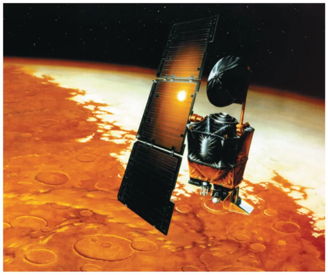 Artist's rendering of the Mars Climate Orbiter spacecraft with solar panels above the orange surface of Mars