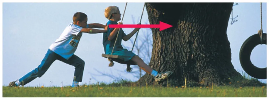 Photograph of a boy pushing another child on a tree swing, with a large red arrow drawn in the direction of the push