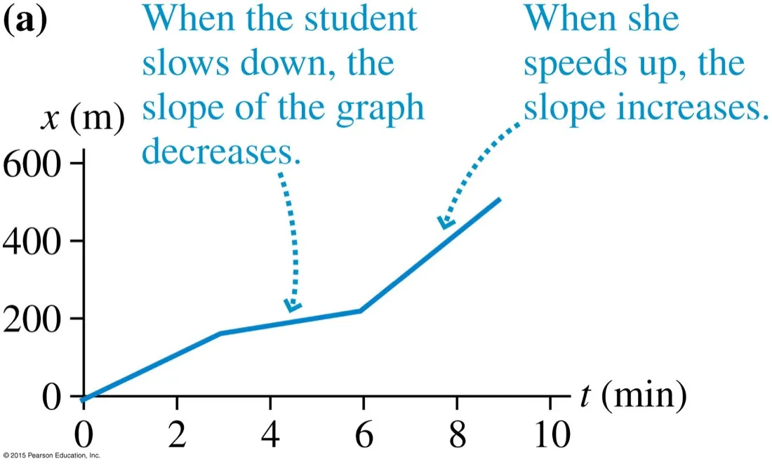 A position-time graph of the walk annotated that when the student slows down the slope decreases and when she speeds up the slope increases
