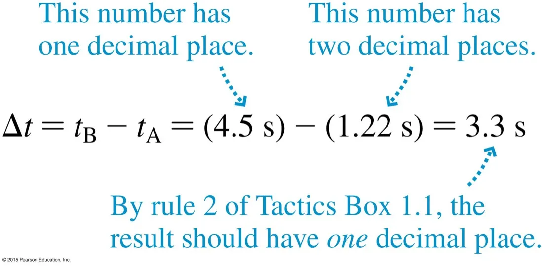 The calculation delta t equals t sub B minus t sub A equals 4.5 seconds minus 1.22 seconds equals 3.3 seconds, annotated with the decimal-place rule