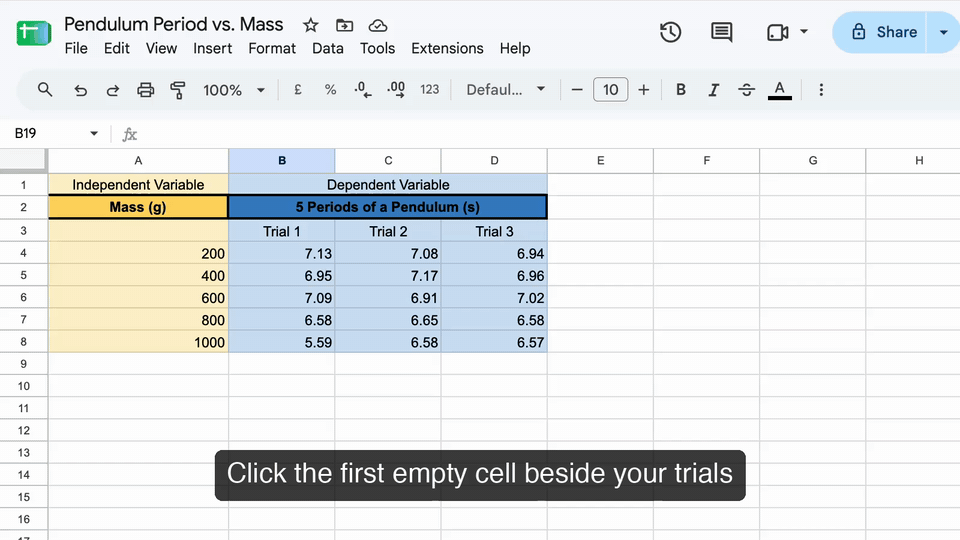 Typing =average( into cell E4, dragging across the three trial values, pressing Enter, then accepting the auto-fill suggestion so every row gets its mean.